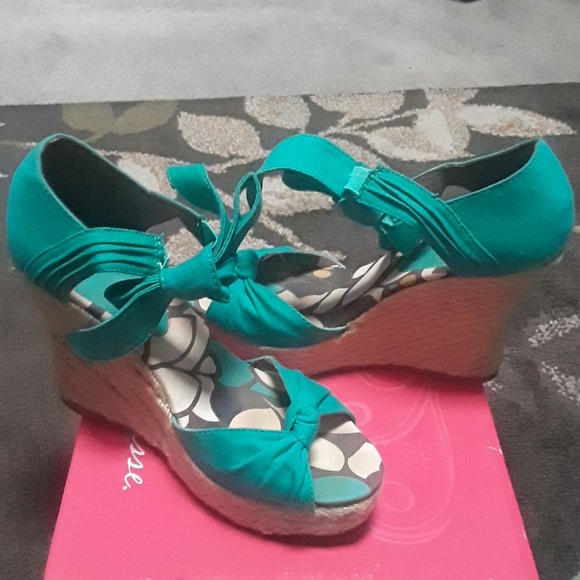Turquoise canvas wedge heel sandals - Picture 4 of 5